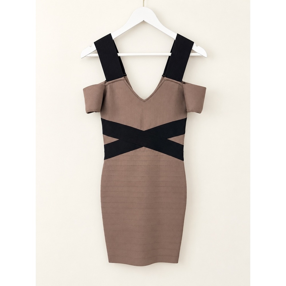 Y2K Marciano Taupe Bodycon Sheath Off Shoulder Mini Dress Black Band Accents